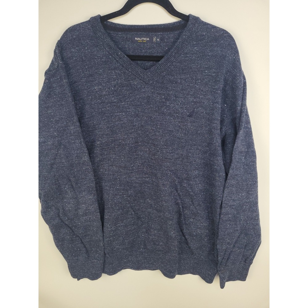 Nautica Men's Sweater XL Blue V-Neck Pullover Knit Long Sleeve Casual Classic